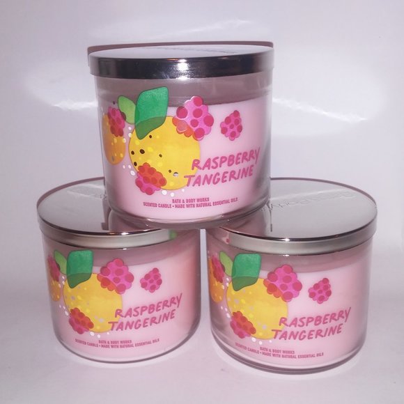Set of 3 Bath & Body Works Scented Candle 3 Wick Raspberry Tangerine 14.5oz Each - Picture 2 of 5